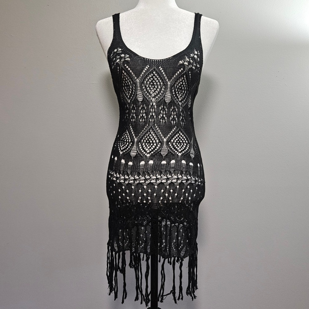 Womens Black Crochet Knit Fringe Dress Boho Festival Cover Up‎ Beach Size Small
